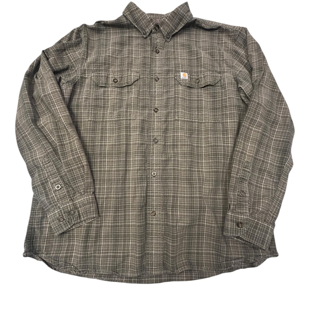 Carhartt Loose Fit Midweight Chambray Long-sleeve Plaid‎ Shirt Dusty Olive XL - Picture 2 of 6